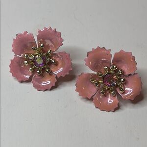 Vintage Pink Enamel Floral Clip On Earrings